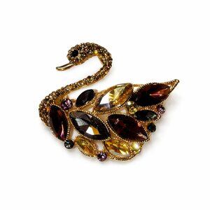 Swan Brooch Pendant Gold Tone with Faceted Crystals